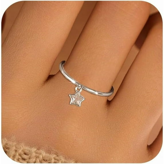 925 Sterling Silver Dainty Star Dangle Promise Ring for Women CZ Dangling Charm Stacking Ring Statement Engagement Rings Wedding Band Minimalist Birthday Jewelry Gifts for Her