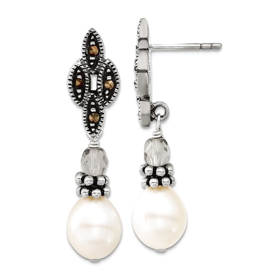 925 Sterling Silver Oxidized Glass Bead With Freshwater Cultured Pearl Fancy Post Drop Earrings 36x10m Dangle Earring fo