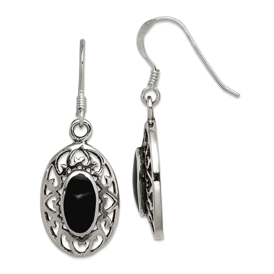 925 Sterling Silver Oval Simulated Onyx Shepherd Hook Oxidized Earrings 33x13mm Wide Dangle Earring for Women