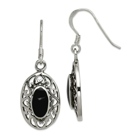 925 Sterling Silver Oval Simulated Onyx Shepherd Hook Oxidized Earrings 33x13mm Wide Dangle Earring for Women