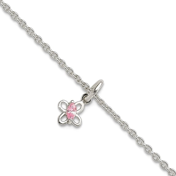 Sterling Silver Polished Pink CZ Butterfly w/ 1.5in Ext. Children's Bracele