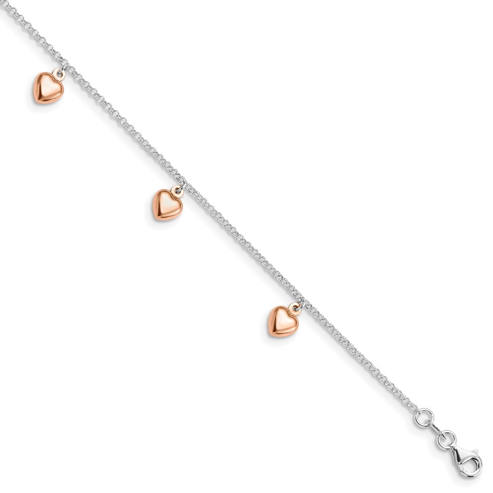 925 Sterling Silver Dangle Polished Fancy Lobster Closure Rose Gold Plated Adjustable Anklet (9-10) Inch 1mm Wide Anklet
