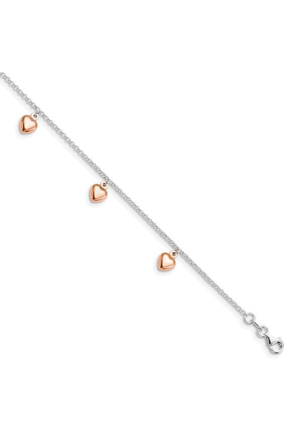 925 Sterling Silver Dangle Polished Fancy Lobster Closure Rose Gold Plated Adjustable Anklet (9-10) Inch 1mm Wide Anklet