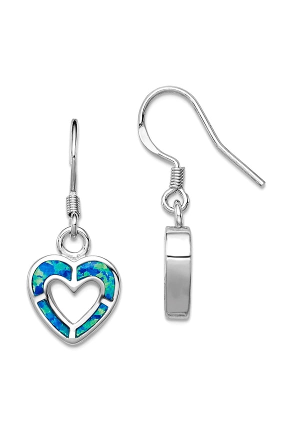 925 Sterling Silver Polished Shepherd hook Blue Inlay Simulated Opal Love Heart Earrings 29x12mm Wide Dangle Earring for
