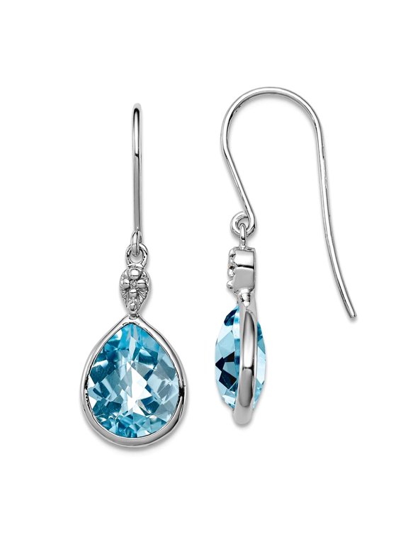 925 Sterling Silver Polished Shepherd hook Rhodium Plated Diamond Lt Swiss Blue Topaz Earrings 29x9mm Wide Dangle Earrin