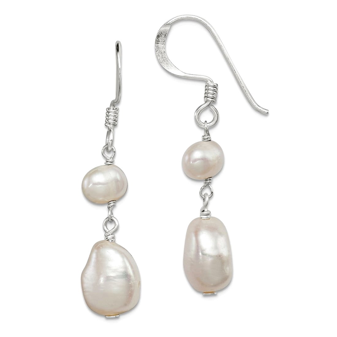 925 Sterling Silver Polished Shepherd hook White Freshwater Cultured Pearl Earrings 40x9mm Wide Dangle Earring for Women