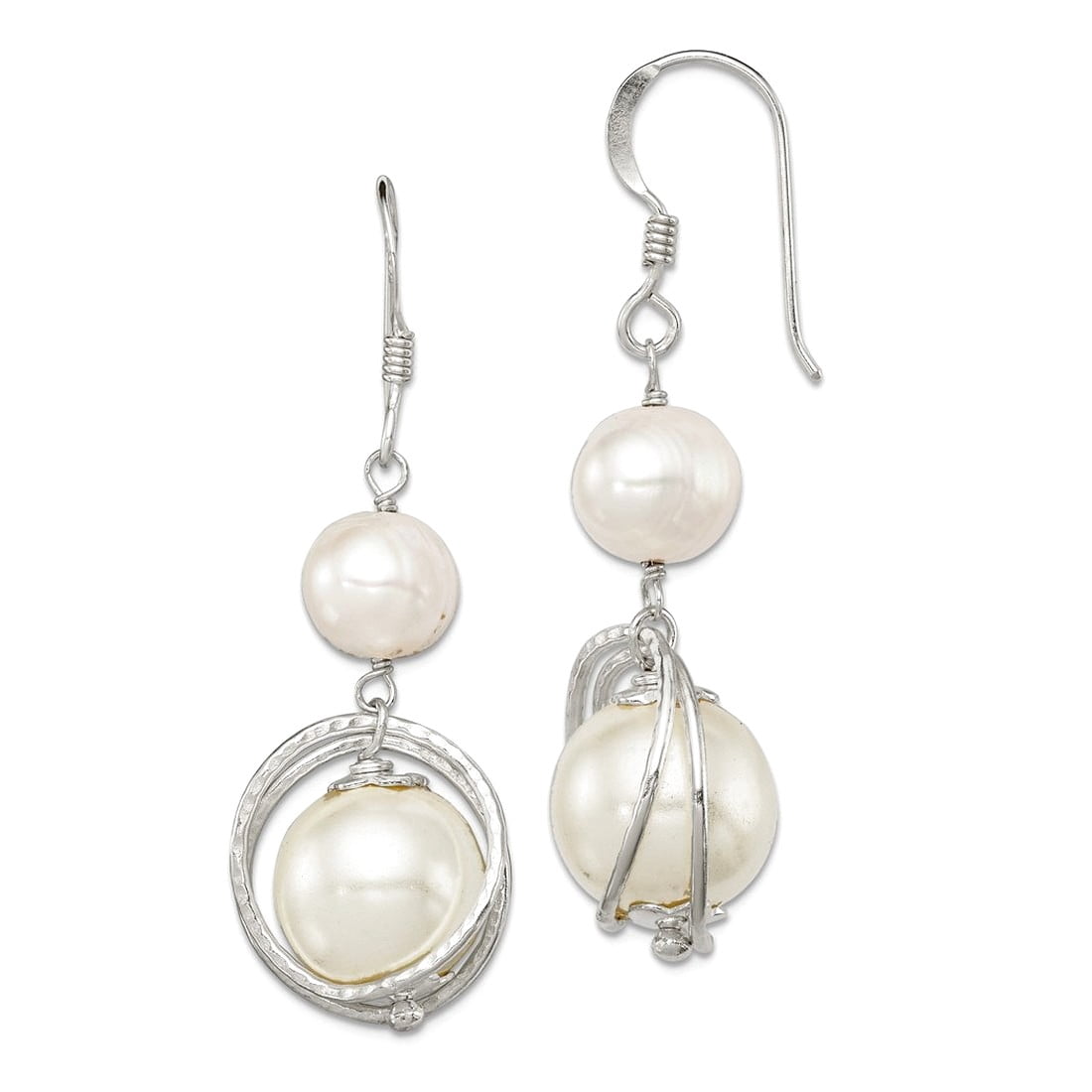 925 Sterling Silver Polished Shepherd hook White Freshwater Cultured Pearl Earrings 44x12mm Wide Dangle Earring for Wome