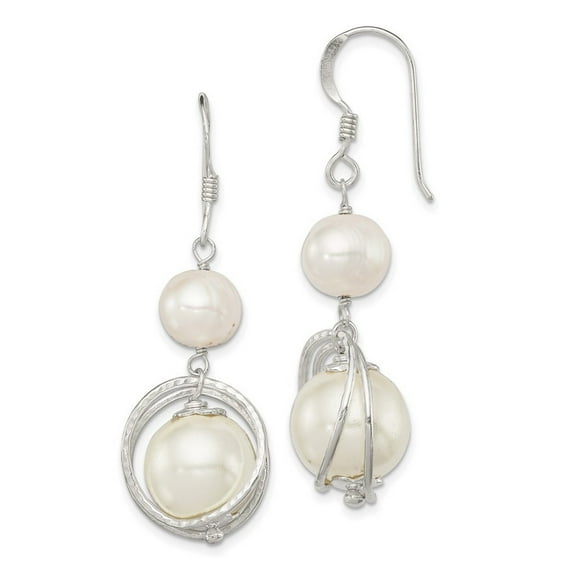 925 Sterling Silver Dangle Polished Shepherd hook White Freshwater Cultured Pearl Earrings Measures 44x12mm Wide - Dangl