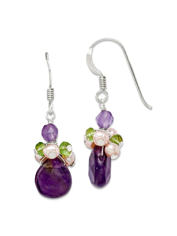 925 Sterling Silver Shepherd hook Amethyst Peridot Chips Freshwater Cultured Peach Pearl Earrings 37x9mm Wi Dangle Earri