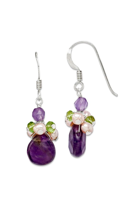 925 Sterling Silver Shepherd hook Amethyst Peridot Chips Freshwater Cultured Peach Pearl Earrings 37x9mm Wi Dangle Earri
