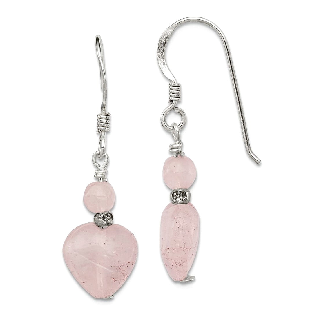 925 Sterling Silver Shepherd hook Oxidized Rose Quartz Antiqued Earrings 29x10mm Wide Dangle Earring for Women