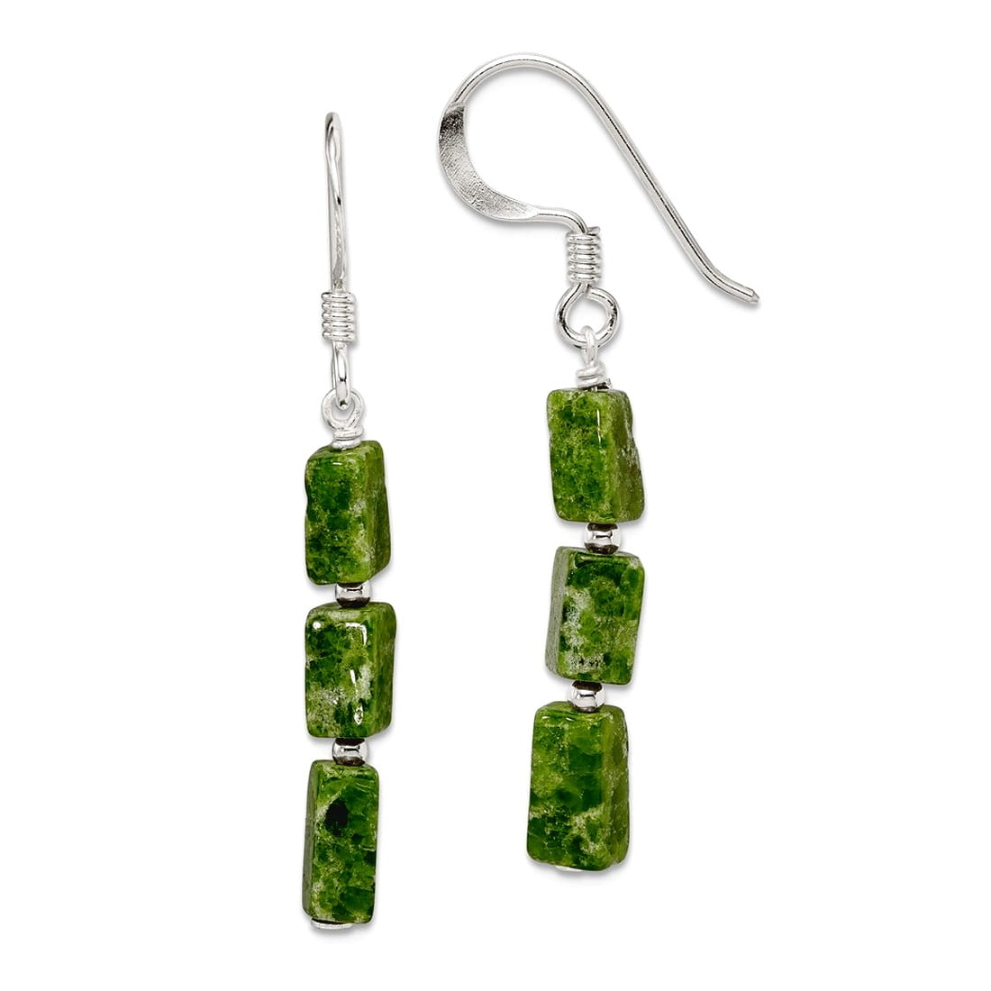 925 Sterling Silver Shepherd hook Green Russian Serpentine Stone Earrings 42x4mm Wide Dangle Earring for Women