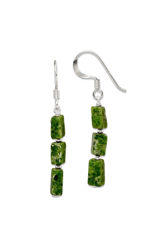 925 Sterling Silver Shepherd hook Green Russian Serpentine Stone Earrings 42x4mm Wide Dangle Earring for Women