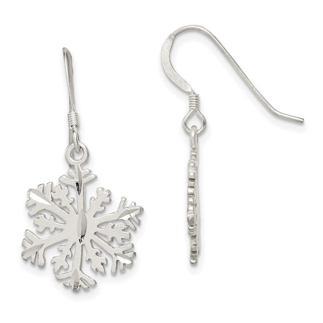 925 Sterling Silver Dangle Shepherd hook Satin Snowflake Earrings Measures 40x14mm Wide - Dangle Earring for Women