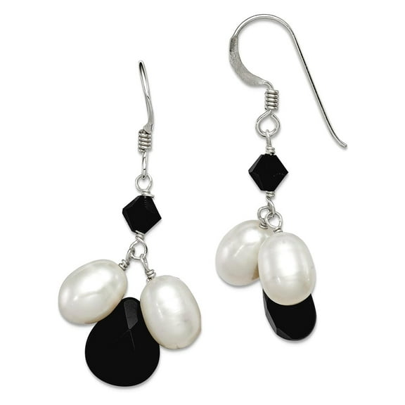 925 Sterling Silver Shepherd hook Simulated Onyx White Freshwater Cultured Pearl Jet Crystal Earrings 39x9m Dangle Earri