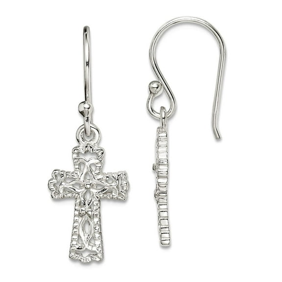925 Sterling Silver Textured Polished Shepherd hook Religious Faith Cross Earrings 30x11mm Wide Dangle Earring for Women