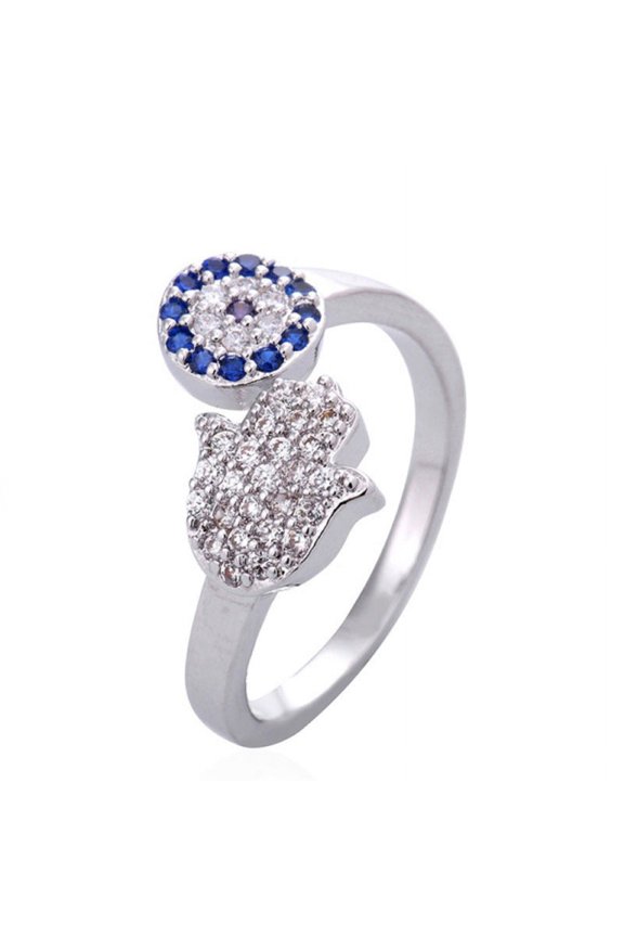 Womens 925 Sterling Silver Demon Eye Ring with Palm Design Adjustable Open Ring Zircon Inlaid High Quality Electroplated Fashion Ring Jewelry Gift