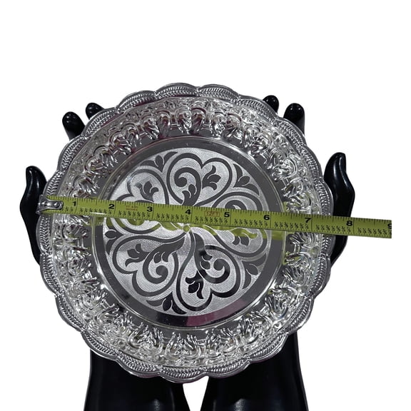 925 Sterling Silver Designer Hallmarked Light Weight SMALL Puja Plate with Elephant Stand - Style#06C Plate Diameter: 7.5" Plate (Wt=185 grams)