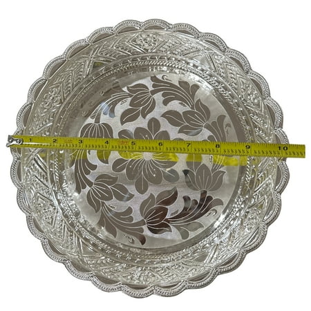925 Sterling Silver Designer Hallmarked Puja Plate with Elephant Stand - Style#08 Plate Diameter: 10.0" Plate (Wt=420 grams)
