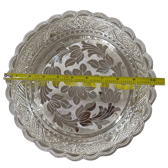 925 Sterling Silver Designer Hallmarked Puja Plate with Elephant Stand - Style#08 Plate Diameter: 10.0" Plate (Wt=420 grams)