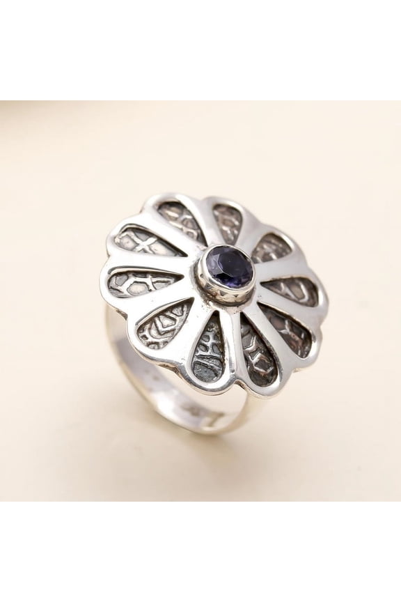 925 Sterling Silver Designer Iolite Floral Statement Ring, Handmade Adjustable Gemstone Ring for Women, Size 5-10