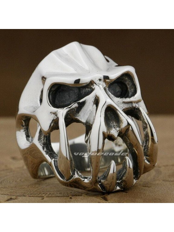 925 Sterling Silver Devil Alien Skull Tiger Tooth Ring Biker Punk Jewelry 8V004 US Size 12.5