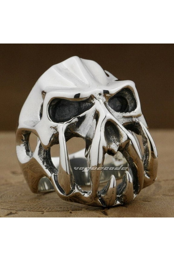 925 Sterling Silver Devil Alien Skull Tiger Tooth Ring Biker Punk Jewelry 8V004 US Size 9