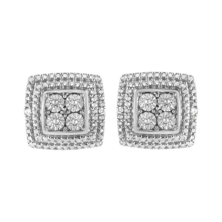925 Sterling Silver Diamond Accented Square Shaped Milgrain Stud Earrings (I-J Color, I3 Clarity)