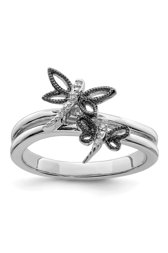 925 Sterling Silver Diamond Black Rhodium-Plated Dragonfly Ring Size 8