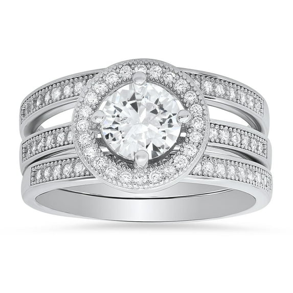 925 Sterling Silver Diamond CZ Halo 3pc Stackable Ring Set