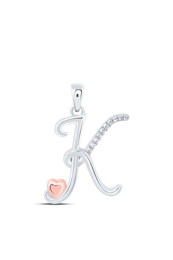 925 Sterling Silver Diamond Cursive Font w/ Pink Heart Initial K Pendant 1/20 CT