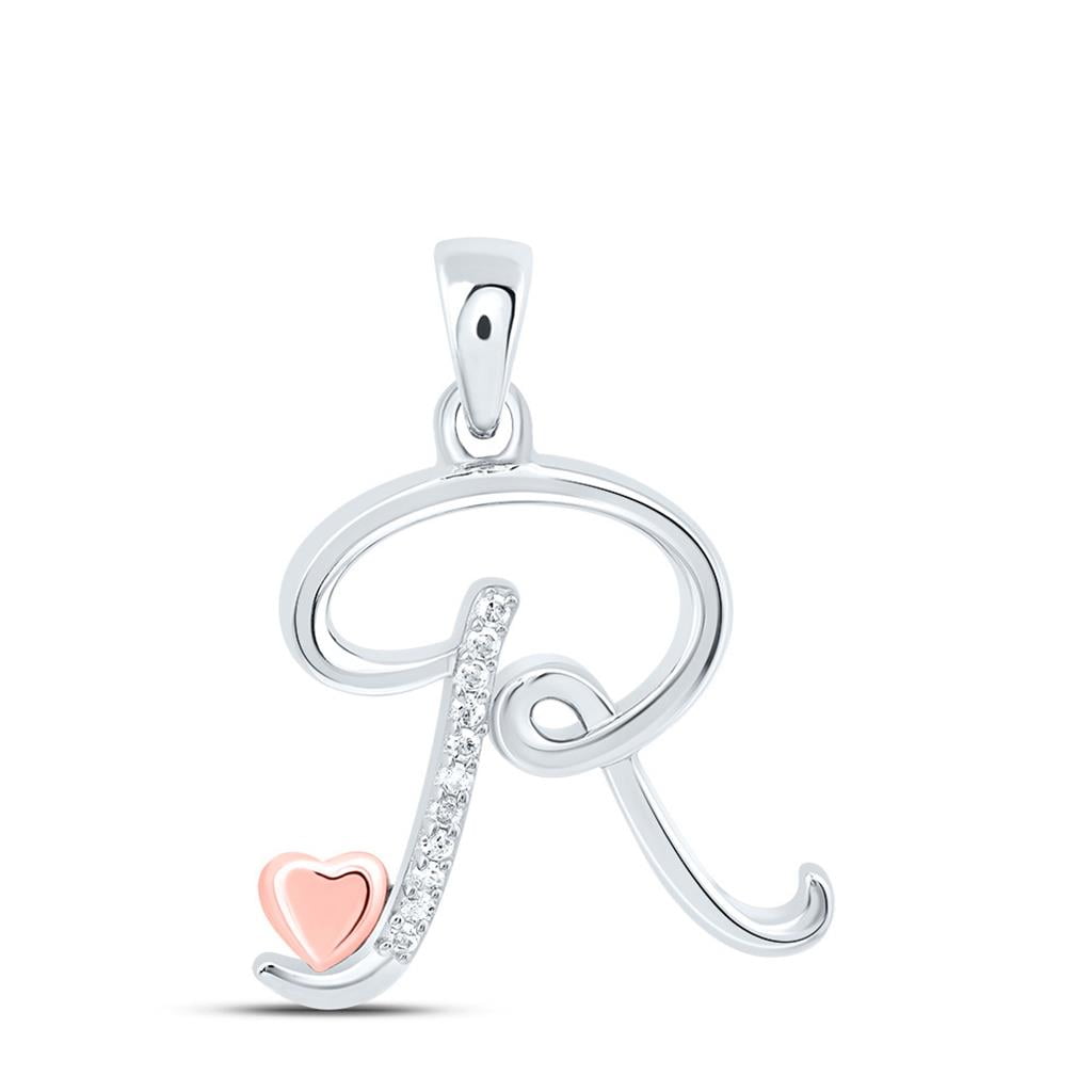 925 Sterling Silver Diamond Cursive Font w/ Pink Heart Initial R ...