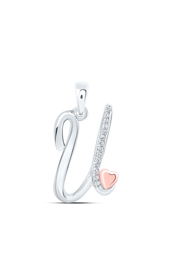 925 Sterling Silver Diamond Cursive Font w/ Pink Heart Initial U Pendant 1/20 CT
