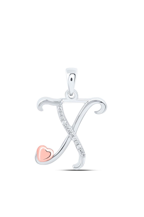 925 Sterling Silver Diamond Cursive Font w/ Pink Heart Initial X Pendant 1/20 CT