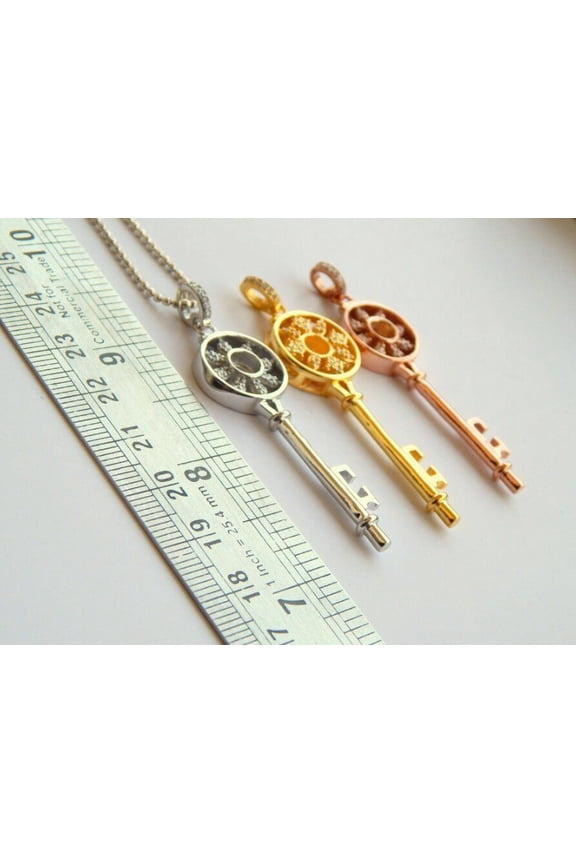 925 Sterling Silver Diamond Key Pendant Necklace Skeleton Key Pendant Gift.