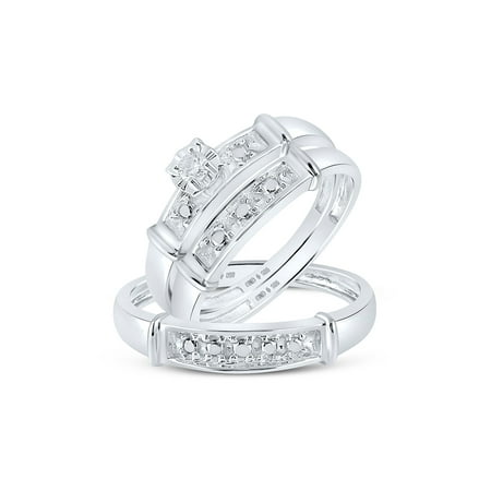 925 Sterling Silver Diamond Solitaire Matching Wedding Set 1/20 Cttw
