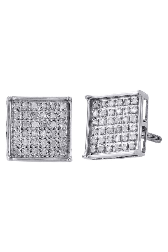 .925 Sterling Silver Diamond Studs Small 9mm Square 4 Prong Earrings 0.25 Ct.