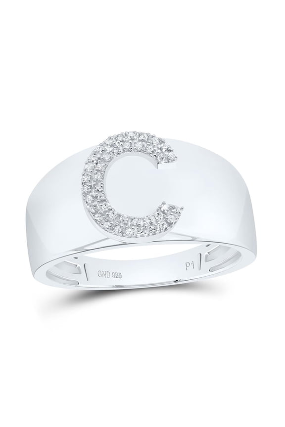 .925 Sterling Silver Diamond Women's Block Letter C Initial Band Ring 1/12 CT