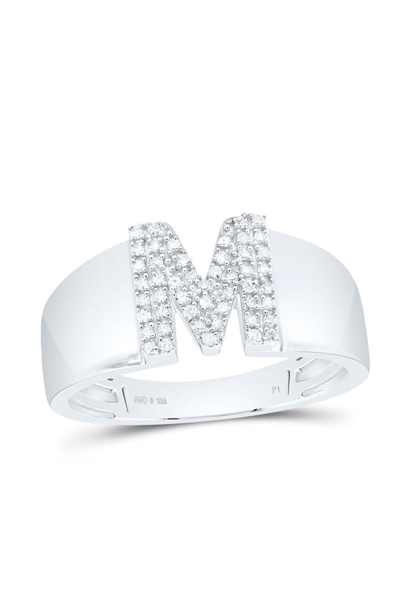 .925 Sterling Silver Diamond Women's Block Letter M Initial Band Ring 1/8 CT