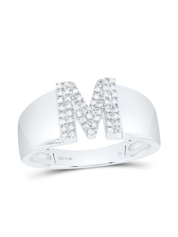 .925 Sterling Silver Diamond Women's Block Letter M Initial Band Ring 1/8 CT