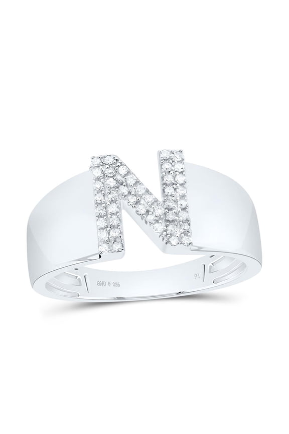 .925 Sterling Silver Diamond Women's Block Letter N Initial Band Ring 1/10 CT