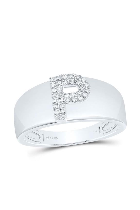 .925 Sterling Silver Diamond Women's Block Letter P Initial Band Ring 1/12 CT