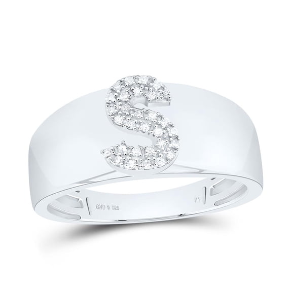 .925 Sterling Silver Diamond Women's Block Letter S Initial Band Ring 1/12 CT