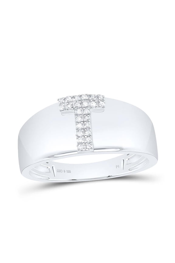 .925 Sterling Silver Diamond Women's Block Letter T Initial Band Ring 1/20 CT