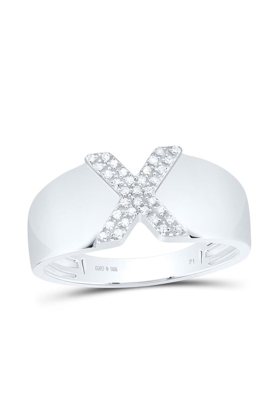 .925 Sterling Silver Diamond Women's Block Letter X Initial Band Ring 1/12 CT