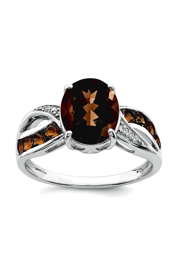 925 Sterling Silver Diamond and Smokey Quartz Ring Size 10 2mm Wide Ring for Women