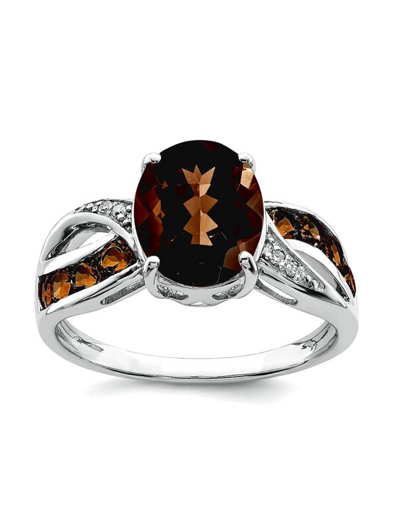 925 Sterling Silver Diamond and Smokey Quartz Ring Size 10 2mm Wide Ring for Women