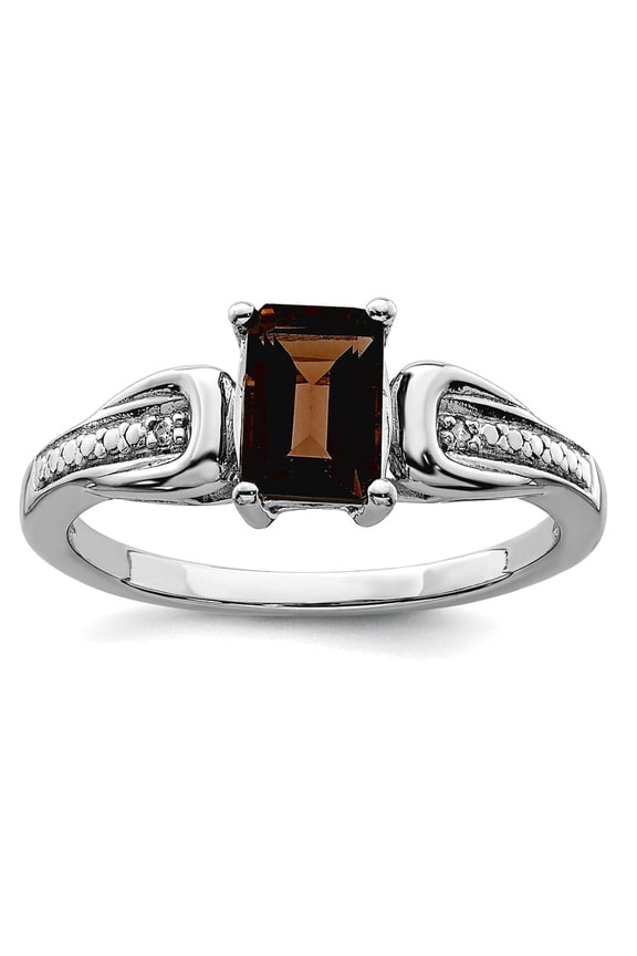 925 Sterling Silver Diamond and Smoky Quartz Ring Size 9 2mm Wide Ring for Women - .010 dwt .95 cwt
