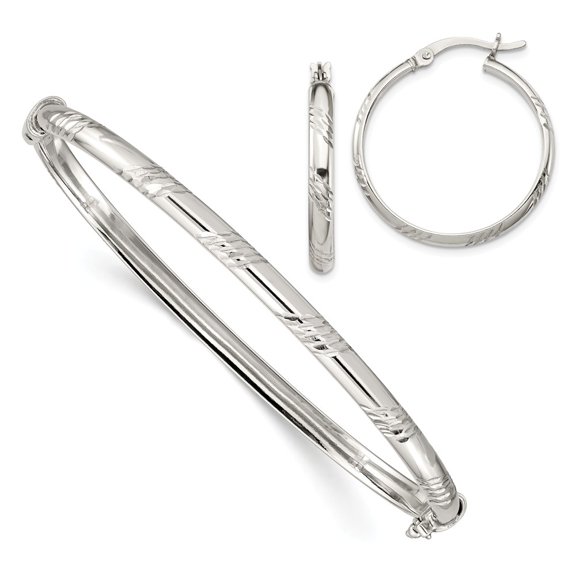 925 Sterling Silver Diamond-cut Bangle 4mm & Hoop 3mm Earring Set