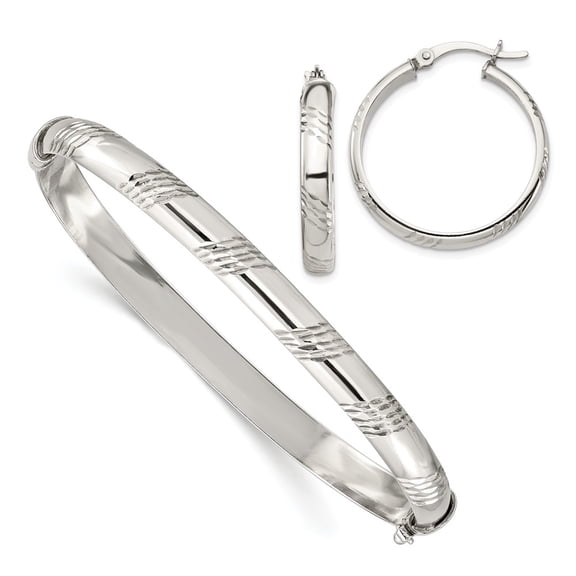 925 Sterling Silver Diamond-cut Bangle 6mm & Hoop 4mm Earring Set